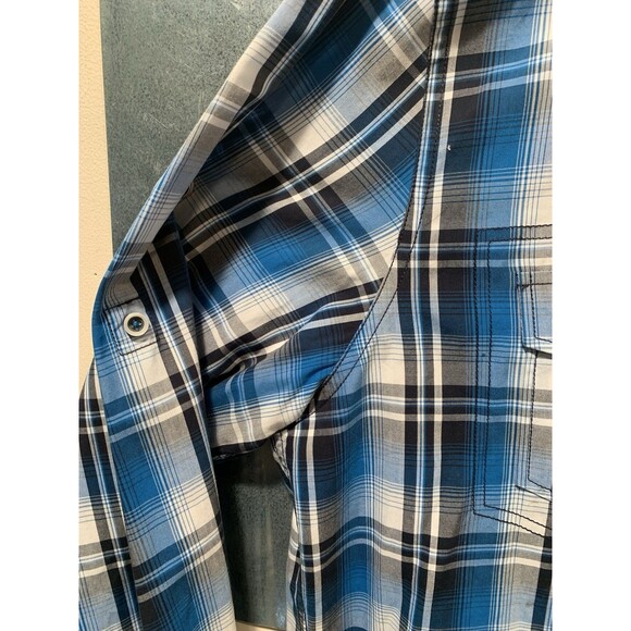 7 DIAMONDS Blue Plaid Button Flap Pocketed Long Roll Tab Sleeves XXL Shirt - Picture 16 of 16